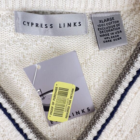 Vtg USA Made Sweater Vest Men’s XL Cream Blue Khaki Golf Bag Logo Cyprus Links - Picture 12 of 12